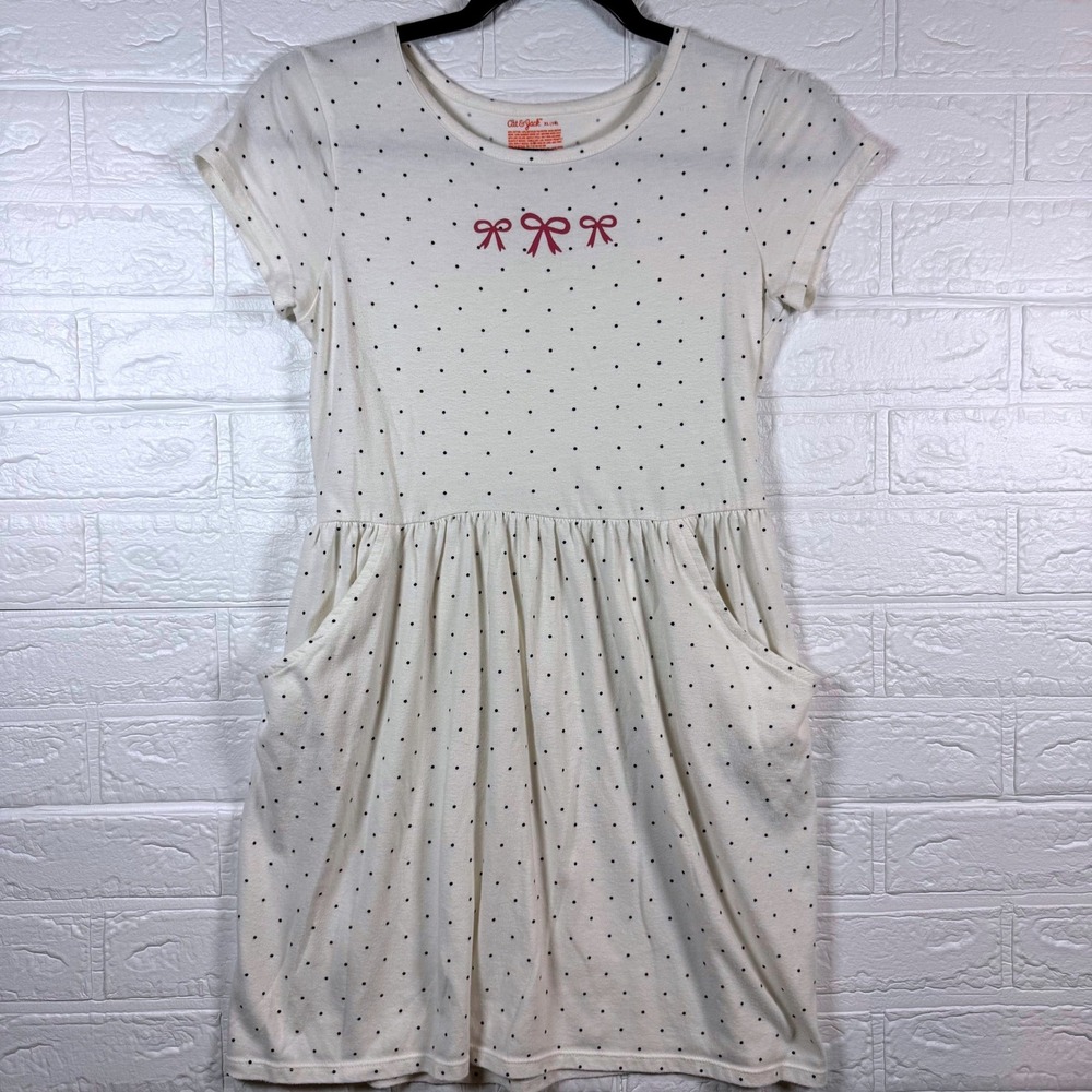 Cat & Jack Short Sleeve Dress Kids XL (14) Cream Polka Dot Bows Pocket